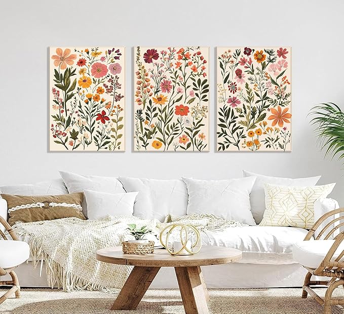 3Pcs Colorful Wildflower Canvas Wall Art Boho Floral Posters Botanical Prints Flowers Painting Wildflower Nursery Pictures Wall Decor for Living Room Bedroom Framed