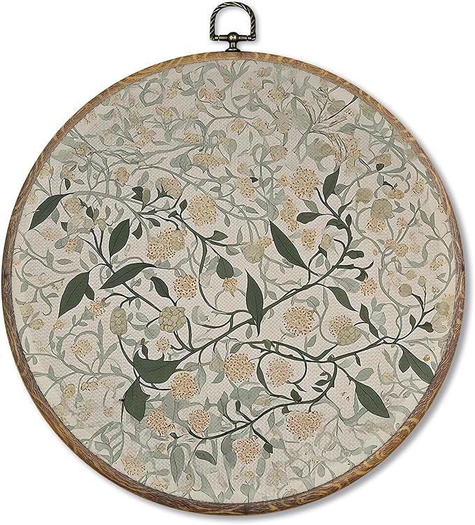 FUGWN Vintage Jasmine Floral Round Wall Art Decor Framed, William Morris Flower Botanical Canvas Artwork Prints, Retro Floral Wall Hanging Decorations for Home Bedroom Living Room, 10x10 Inch