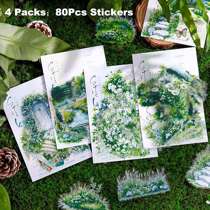 Greenery PET Sticker Set, 80PCS Nature Landscape Stickers for Scrapbooking Journaling DIY Crafts Garden Floral Decorative Supplies
