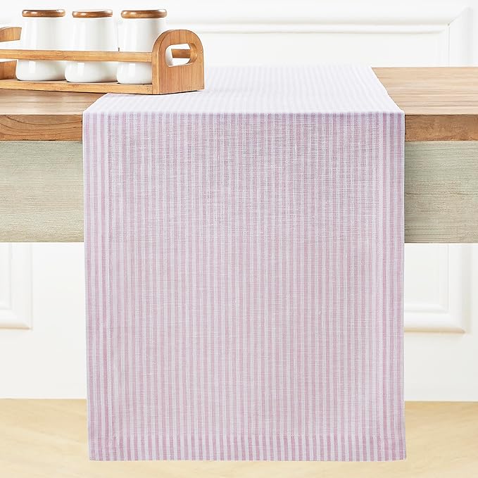 Solino Home Linen Table Runner 144 Inches Long - Narrow Stripe, 100% Pure Linen Pink and White Table Runner 14 x 144 Inch for Dining, Valentines, Spring, Easter