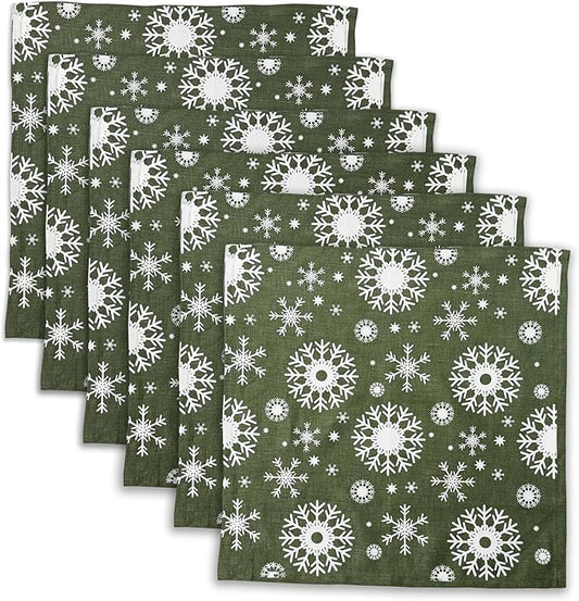 100% Pure Linen Christmas Napkins 15 x 15 Inch Snowflake Pattern - Set of 6 Pack, Green Dinner Cloth Napkin European Flax Natural Fabric Washable for Home and Kitchen