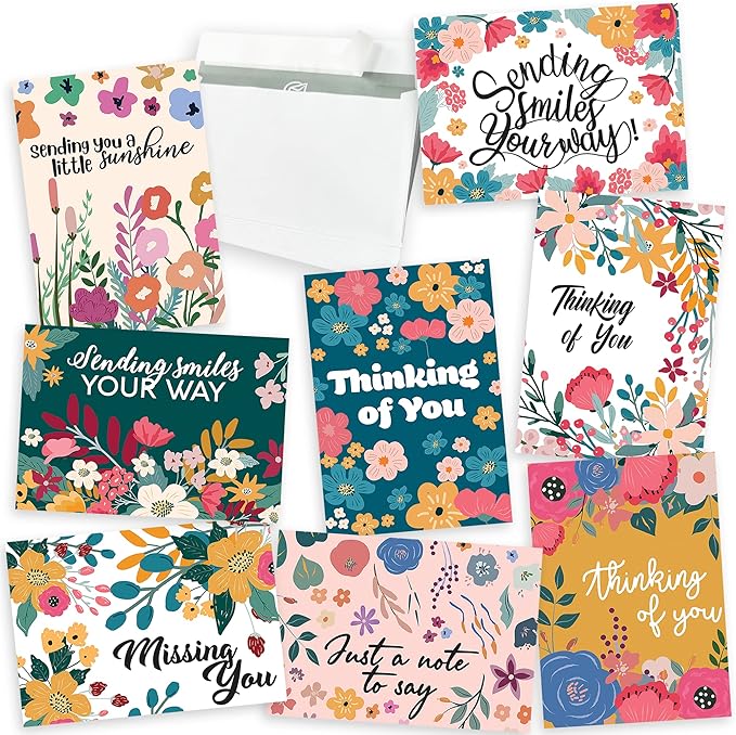Thinking of You Cards with Envelopes - 24 Gender Neutral Thinking of You Cards with 8 Unique Designs - Unfolded 8.3 x 5.8 Folded 4.1 x 5.8 Greeting Cards Thinking of You (Colorful)