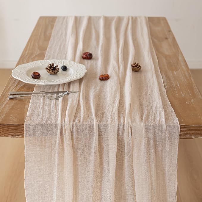 Keketoarrange 3pcs Beige Cheesecloth Table Runner Gauze Rustic 120 Inch 10 FT for Wedding Baby Shower Bridal Shower Birthday Engagement Garden Party Long Sheer Boho Spring Easter Home Decorations