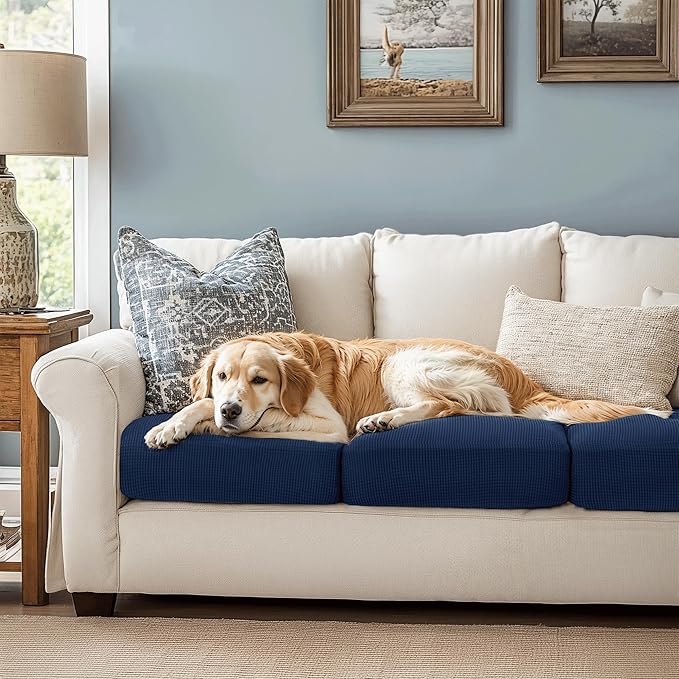 CHUN YI 3PC Stretch Couch Cushion Covers, Individual Sofa Seat Slipcovers Suitable for Armchair Loveseat Sofa with Spandex Jacquard Fabric(3pc,Navy)