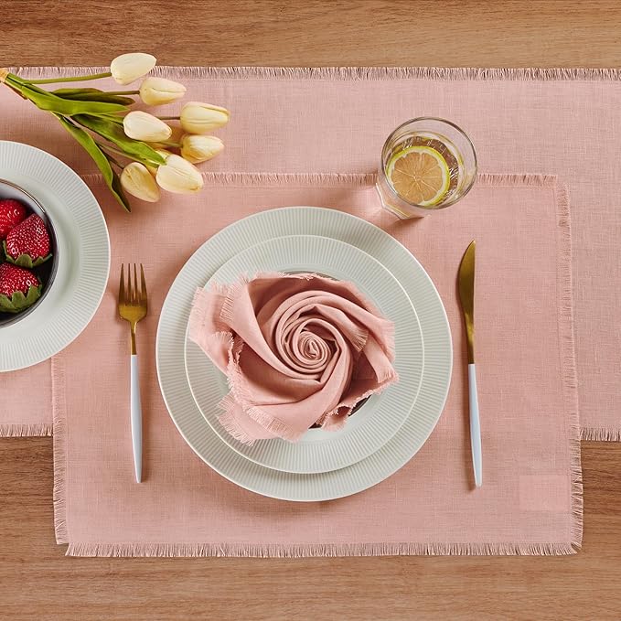 Solino Home Fringe Linen Placemats Set of 4 - Misty Pink Placemats 14 x 19 Inch - 100% Pure Linen Table Mats for Valentines, Spring, Easter