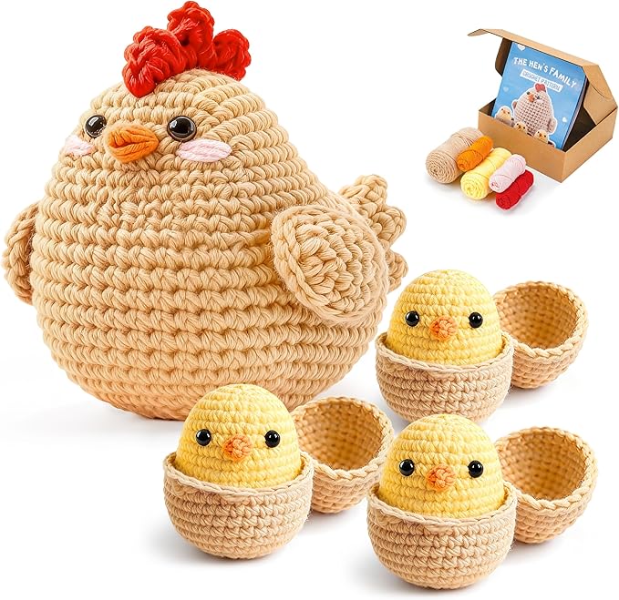 Joyclub 4 Pcs Crochet Kit for Beginners Crochet Starter Kits for Adults and Kids Great Birthday Gifts for Crocheting Lovers with Step by Step Video Amigurumi Chicken Family Knitting Kit DIY Craft
