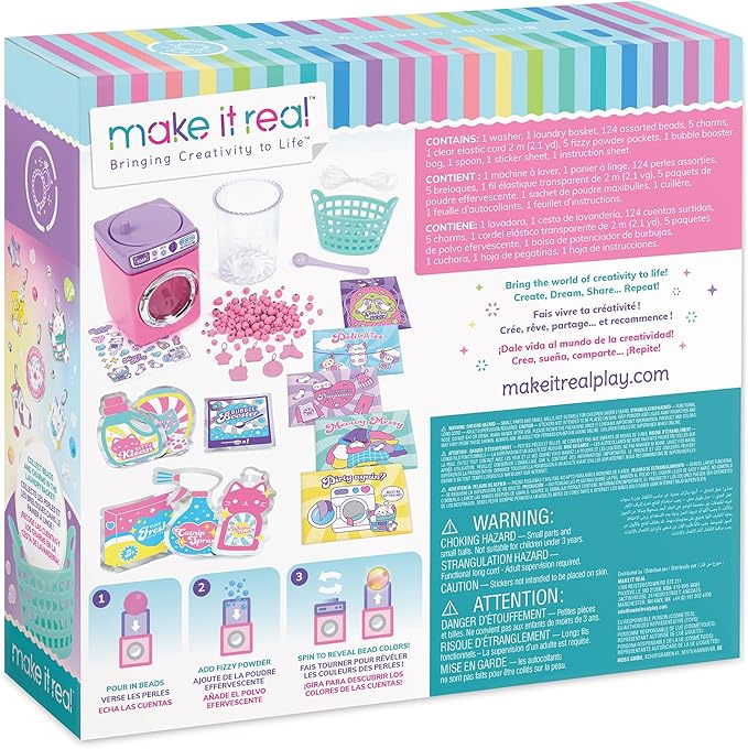 Make It Real: Purr-FECT Wash 'N Bead Bracelets - 141pc, DIY Jewelry Craft Kit, Design-Make 5 Charm Bracelets, Spin to Style, Bead Cleaning, Kids 8+