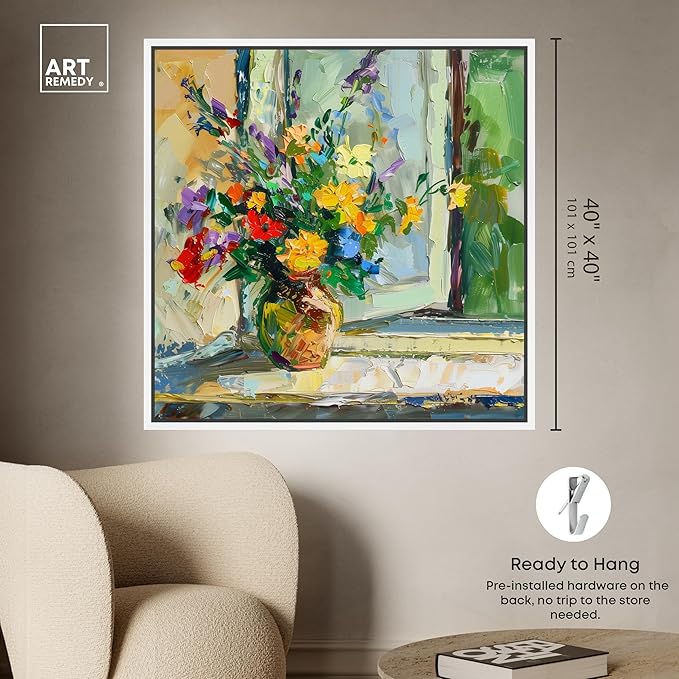 Art Remedy Vase By The Window Framed Impressionism 1 Piece Canvas Wall Art/Monet And Van Gogh Inspired Art, 41" x 41", White Frame