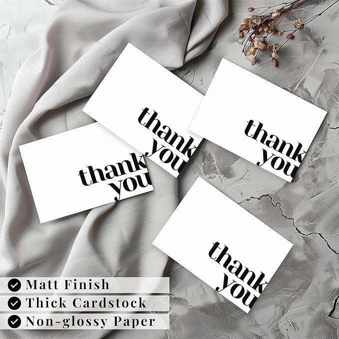 Paper Play Thank You Cards Bulk Pack of 40 White, 5x3.5 Inches with Matching Stickers & Envelopes, Minimalistic Design Suitable for Business, Baby Shower, Wedding, Small Business, Graduation, Funeral