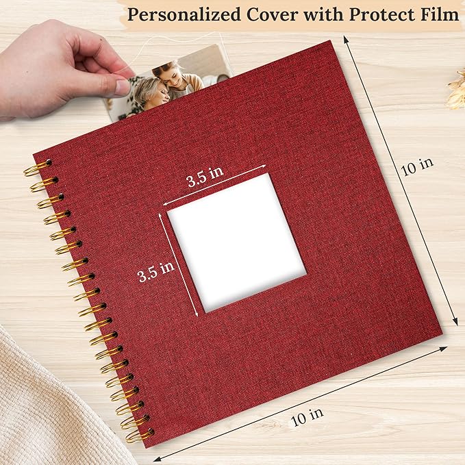 Scrapbook Photo Album Linen Cover, 10 x 10 Inch Hardcover Kraft White Pages Memory Book, for Travel Wedding Guest Book Christmas Baby Shower (40 Sheets/ 80 Pages,Red)