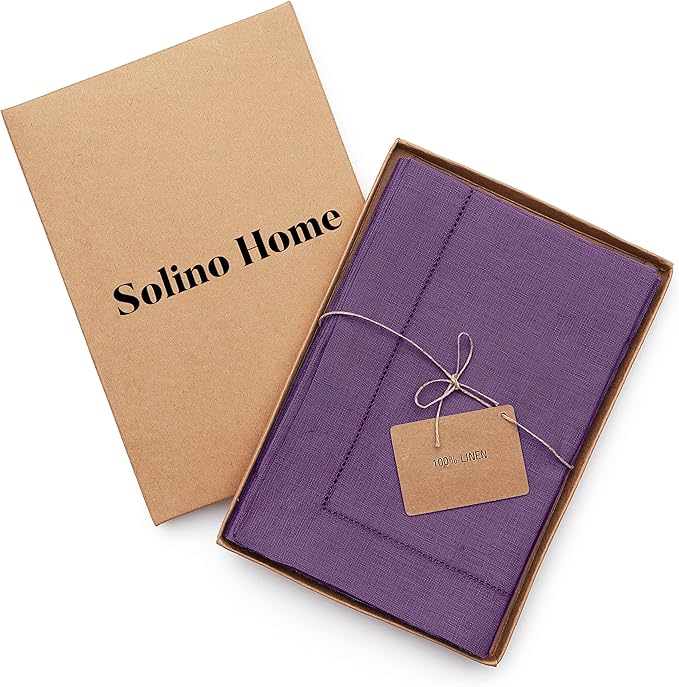 Solino Home Purple Linen Napkins Set of 6-100% Pure Linen Hemstitch Dinner Napkins 20 x 20 Inch for Valentines, Spring, Easter - Classic Hemstitch