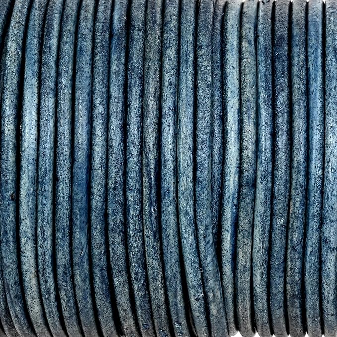 GENIQUE Real/Genuine Round Leather String Cord for Necklace, Bracelets, Jewellery, Braiding (2mm, Blue Distressed)