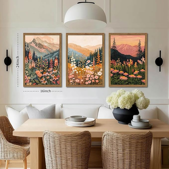 Boho Colorful Landscape Wall Art Set of 3, Vintage Wildflower Mountain Canvas Wall Decor Paintings, Rustic Nature Floral Pictures Prints for Living Room Bedroom 16x24 Inch Wood Framed