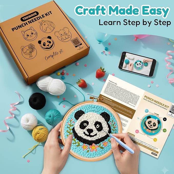 TEKWAVE Punch Needle Kit for Adults Beginners Cute Panda Design, Step-by-Step Video Pre-Printed Pattern and Written Instructions, DIY Embroidery Set with Yarn, Fabric, Hoop for Home Decor Crafts