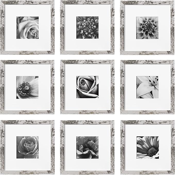 eletecpro 10x10 Picture Frames Set of 9 with Mat for 5x5 Photos or without Mat for 10x10, Square Gallery Wall Decor Collage for Picture Display, Distressed White Frame Set for Wall Hanging