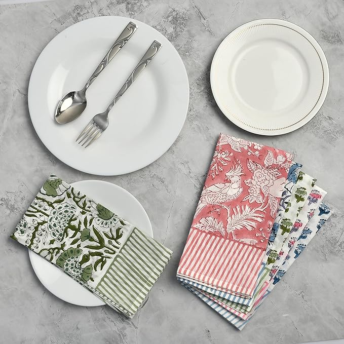 CPC Cloth Napkins 100% Cotton Set of 4 Reusable Napkins, Indian Block Print Toile Floral Dinner Napkin, Fall Thanksgiving Christmas Holiday Party Gift - Soft Absorbent Napkin, 18"x18" Stripe Border