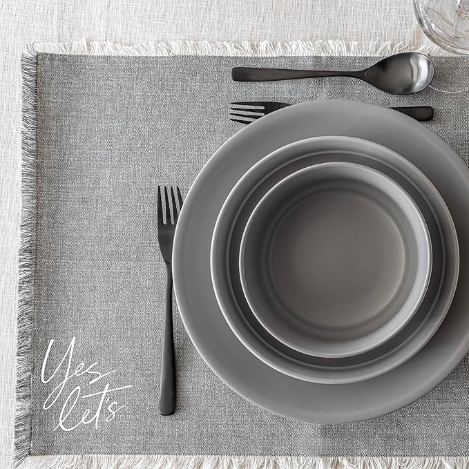 Over&Back Set of 4 Woven Frayed Chambray Placemats - Colorful Dining Table Mat - Hand-Finished Frayed Edges - 100% Cotton - Machine Washable - Kitchen and Home Decor - Grey - 14" L X 20" W