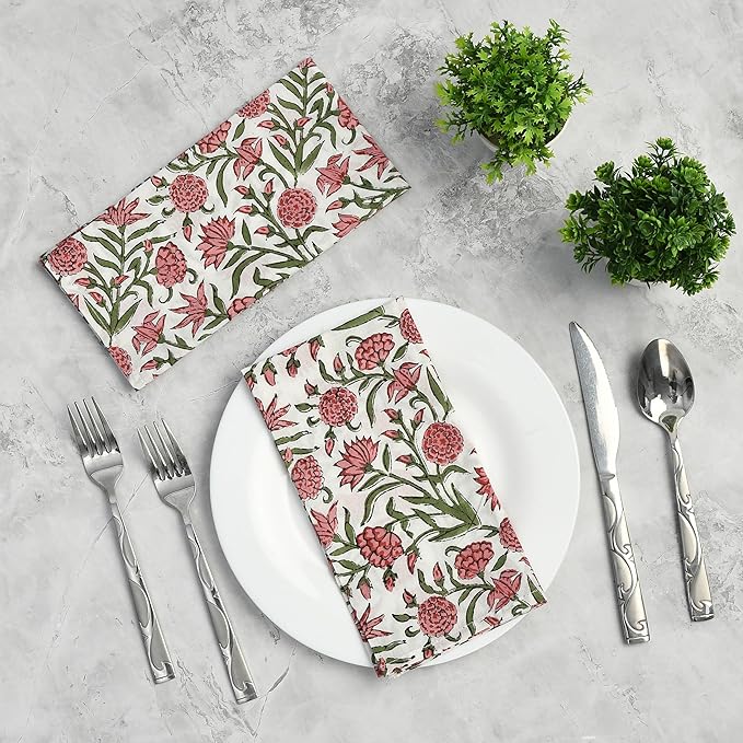 CPC Cloth Napkins 100% Cotton Set of 4 Reusable Napkins, Indian Block Print Toile Floral Dinner Napkin, Fall Thanksgiving Christmas Holiday Party Gift - Soft Absorbent Napkin, 18"x18" Red Garnet