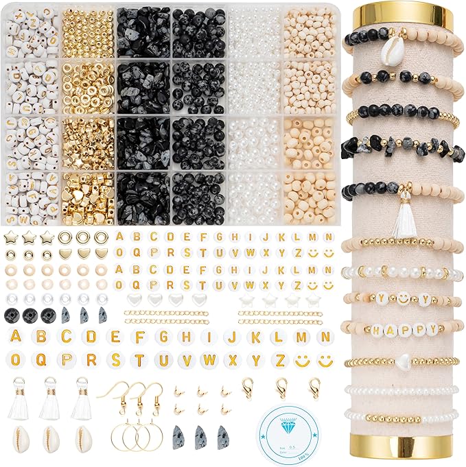 Xylise Jewelry Making Supplies Kit Natural Stone Beads for Irregular Natural Stone with for DIY Craft Bracelet Necklace Earrings for Adults (Black White)