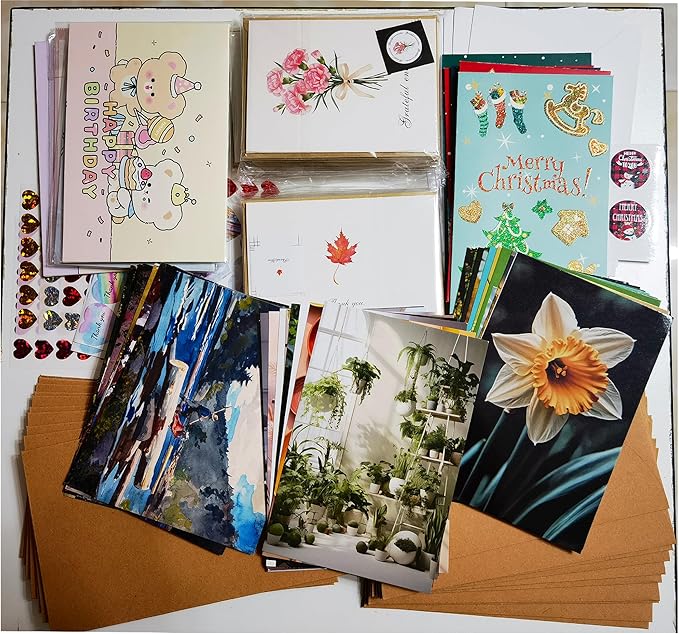Family Greeting Cards Set 54-in-1, Art Postcards & DIY Stickers for handmade greeting cards set- Thank You, Christmas, 3D Pop-Up Birthday Cards for Mom/Dad/Kids + Floral & Landscape Postcards,350g Premium Paper, Reusable Envelopes (175x110mm)
