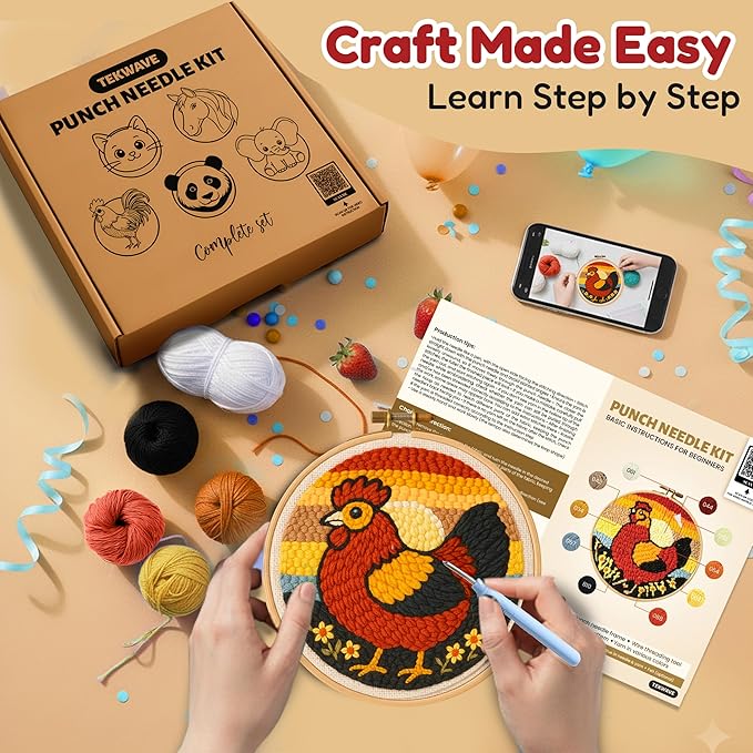 TEKWAVE Punch Needle Kit for Adults Beginners Rooster Sunrise Design, Step-by-Step Video Pre-Printed Pattern and Written Instructions, DIY Embroidery Set with Yarn, Fabric, Hoop for Home Decor Crafts