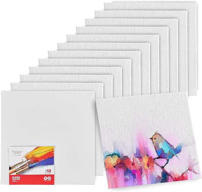 Artlicious Canvases for Painting - Pack of 12, 12 x 12 Inch Blank White Canvas Boards - 100% Cotton Art Panels for Oil, Acrylic & Watercolor Paint