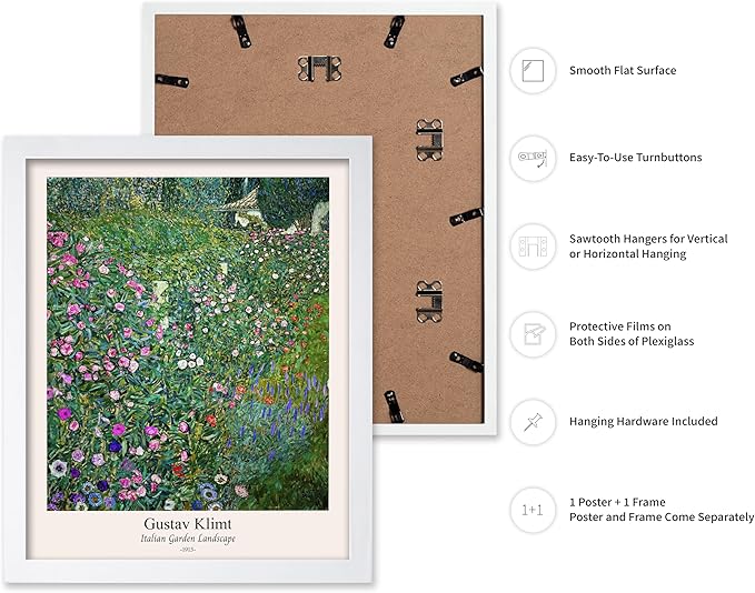 Poster Master Vintage Gustav Klimt Poster - Retro Italian Garden Landscape Print - Art Nouveau - Floral Art - Botanical Art - Classic Painting - Aesthetic Living Room Decor - 11x14 White Framed
