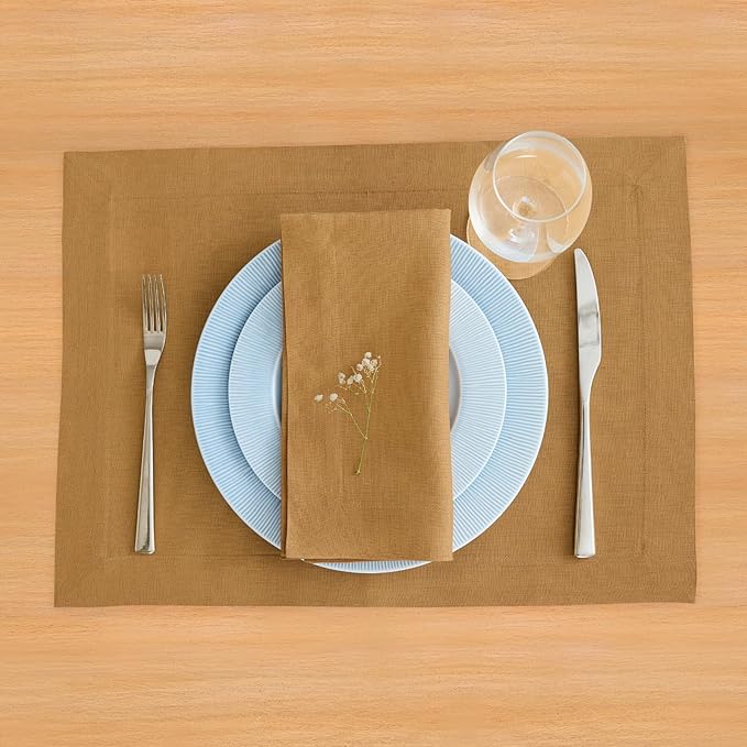 Solino Home Linen Placemats Set of 4 - Caramel Placemats 14 x 19 Inch - 100% Pure Linen Table Place Mats for Spring, Easter - Fete