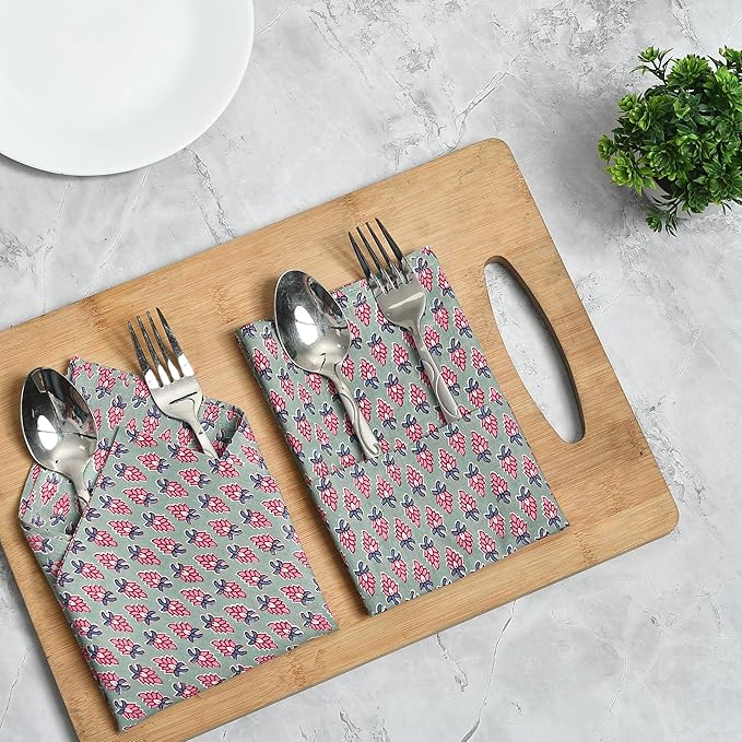 CPC Cloth Napkins 100% Cotton Set of 4 Reusable Napkins, Indian Block Print Toile Floral Dinner Napkin, Fall Thanksgiving Christmas Holiday Party Gift - Soft Absorbent Napkin, 18"x18" Grey Teal