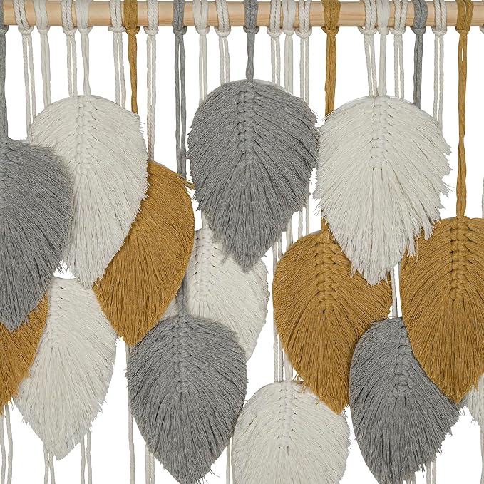 Large Macrame Wall Hanging Feather Decor – Handmade Cotton Cord Boho Room Decor for Bedroom, Nursery, Office – 39” W x 29.5” L (Silver, Gold, White)