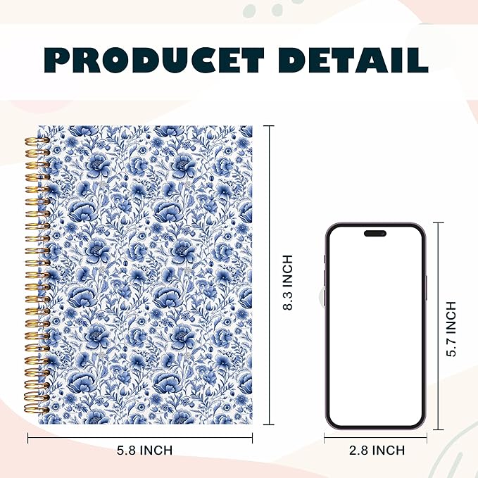 BearCake Blue Chinoiserie Grandmillennial Notebook Journal, Blue Floral Aesthetic Notebook, Chinoiserie Journal, Blue Aesthetic Office Supplies, Notebooks for Work, Hardcover Spiral Notebook 5.5x8.3