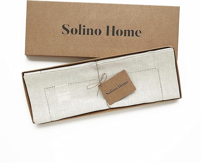 Solino Home Linen Placemats Set of 4 - Classic Hemstitch Light Natural Placemats 14 x 19 Inch - 100% Pure Linen Table Mats for Spring, Easter