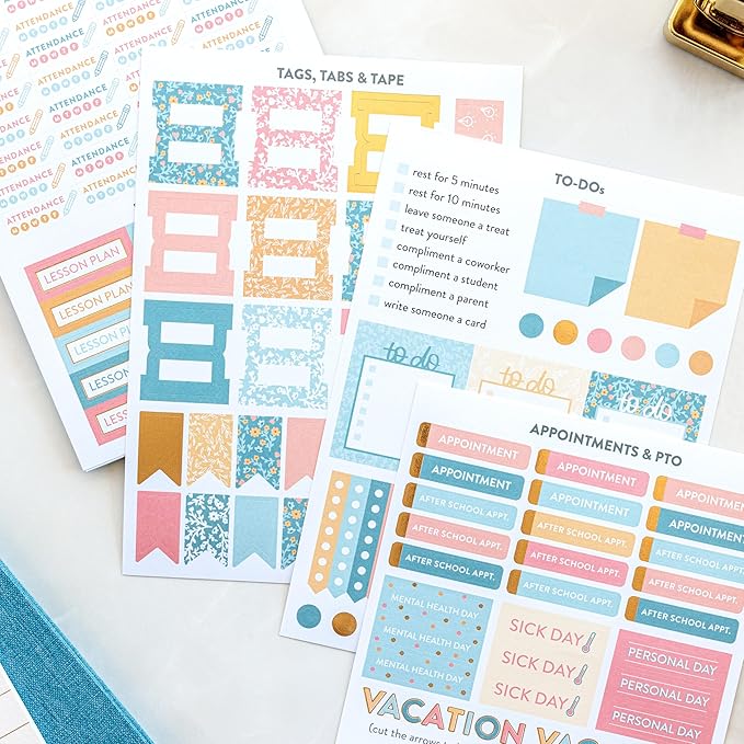 PPP Teacher Sticker Book | Pack of 15 | 503 Colorful Stickers | Assorted Sizes | 5x7 Sheets of Stickers | Gold Foil Stamping | Personalize Your Planner with Flags, Tabs, & Blocks for Educator Events