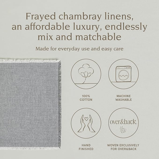 Over&Back Set of 4 Woven Frayed Chambray Placemats - Colorful Dining Table Mat - Hand-Finished Frayed Edges - 100% Cotton - Machine Washable - Kitchen and Home Decor - Grey - 14" L X 20" W