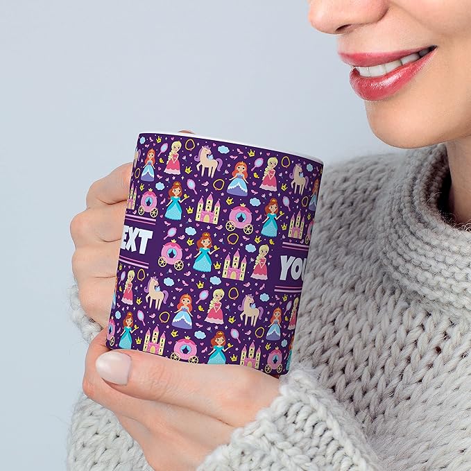Personalized Mug for Kids - Princesses - Custom Name/Text, Ceramic Hot Chocolate/Cocoa/Coffee Cup for Girls, Birthday/Christmas/Holiday Gift - 11 oz, Pink Handle