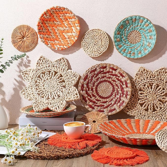 Anglechic 15 Pcs Boho Wall Basket Decor Woven Rattan Seagrass Wall Decor Hanging Rustic Farmhouse Western Art Decoration for Nursery Living Room Bedroom Home Kitchen(Orange Style)