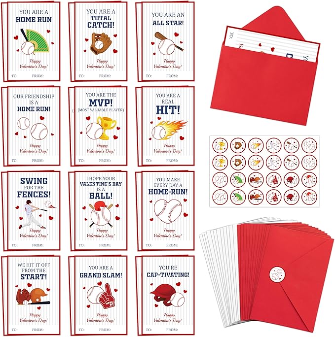 TICIAGA 72pcs Valentine’s Day Baseball Greeting Cards with Envelop and Stickers for Kids, 4 x 6 IN Sporty Design Baseball Exchange Gift Cards for Boys Girls Classroom Supplies, Valentines Party Favors