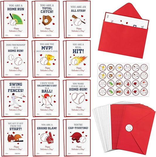 TICIAGA 72pcs Valentine’s Day Baseball Greeting Cards with Envelop and Stickers for Kids, 4 x 6 IN Sporty Design Baseball Exchange Gift Cards for Boys Girls Classroom Supplies, Valentines Party Favors