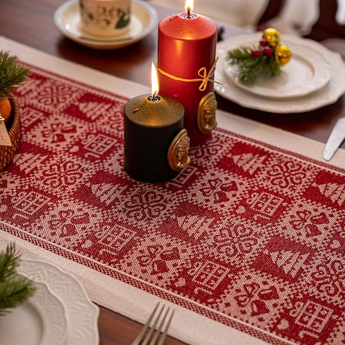 Table Runners 138 Inches,Christmas Tree Table Runner with Tassel Fringe,Gift Table Runner for Party，Coffee Table, Festival