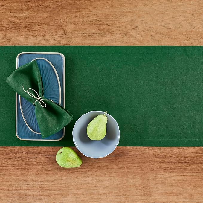 Solino Home Linen Table Runner 60 Inches - 100% Pure Linen Pine Green Table Runner 14 x 60 Inch Ideal for Dresser and Coffee Tables - St Patricks Day - Fete