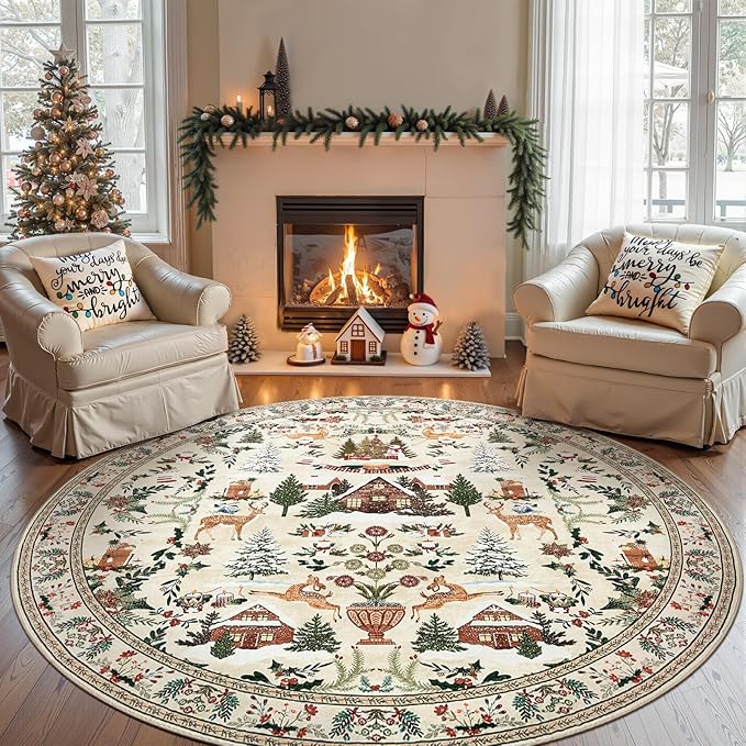 jinchan Round Christmas Rug for Dining Room 7ft Circle Holiday for Living Room Printed Christmas Tree and Cabin Rug 7'Soft Indoor Carpet for Bedroom Washable Non-Slip Winter Xmas Green on Beige