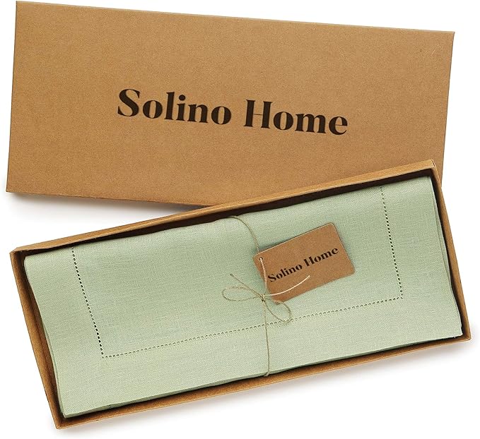 Solino Home Linen Sage Green Table Runner 120 Inches Long - 100% Pure Linen Hemstitch 14 x 120 Inch Table Runner for Dining, Spring, St Patricks Day, Easter - Classic Hemstitch
