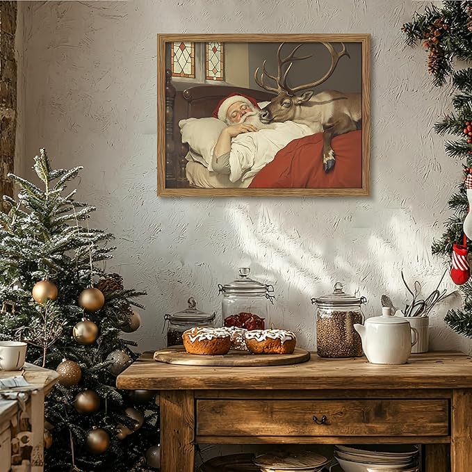 Framed Christmas Wall Art, Vintage Santa Claus and Reindeer Canvas Prints Winter Holiday Home Decor Christmas Wall Decor for Bedroom Living Room – 16x24in