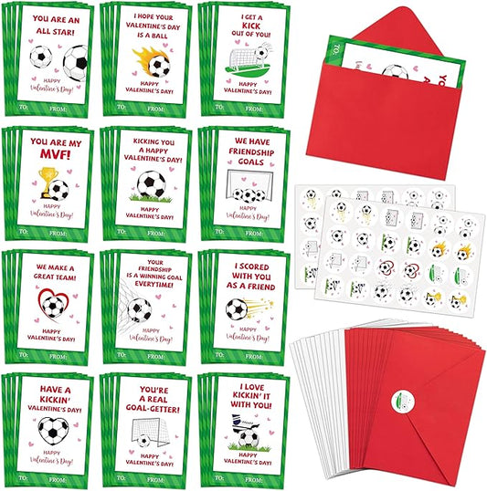 TICIAGA 48 Set Valentine's Day Football Greeting Cards with Envelop Green Heart Soccer Notecard Sticker for Kids Sport Theme Exchange Gifts for Boys and Girls School Classroom Supplies Party Favors