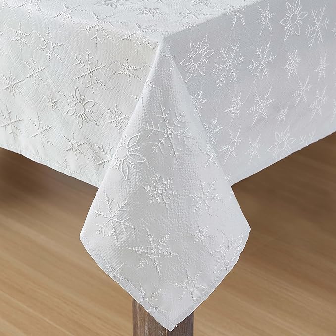 Laura Ashley Tablecloth Raised Woven Embroidered Jacquard Fabric, Wrinkle Resistant for Dining, Holiday, Party, Wedding or Banquet, 60" x 144", Snowflake Silver