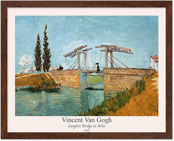Monem Art Vintage Van Gogh Poster - Retro Langlois Bridge at Arles Print - Impressionism Art - Landscape Art - Fine Art - Classic Painting Art - Bedroom or Office Decor - 8x10 Brown Framed