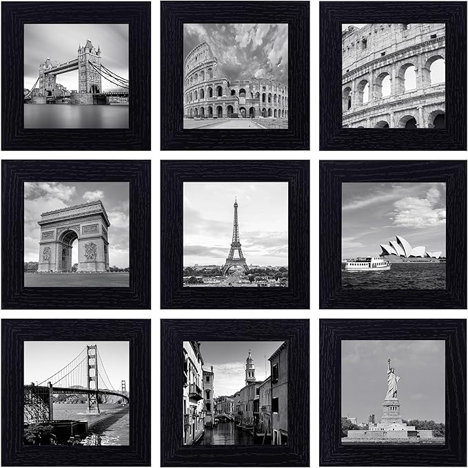 eletecpro 4x4 Picture Frames Set of 9 Classic Gallery Wall Frame Set Displays 4x4 Photo without Mat Square Picture Frames Collage Wall Decor, Black Modern Home Decor for Hanging