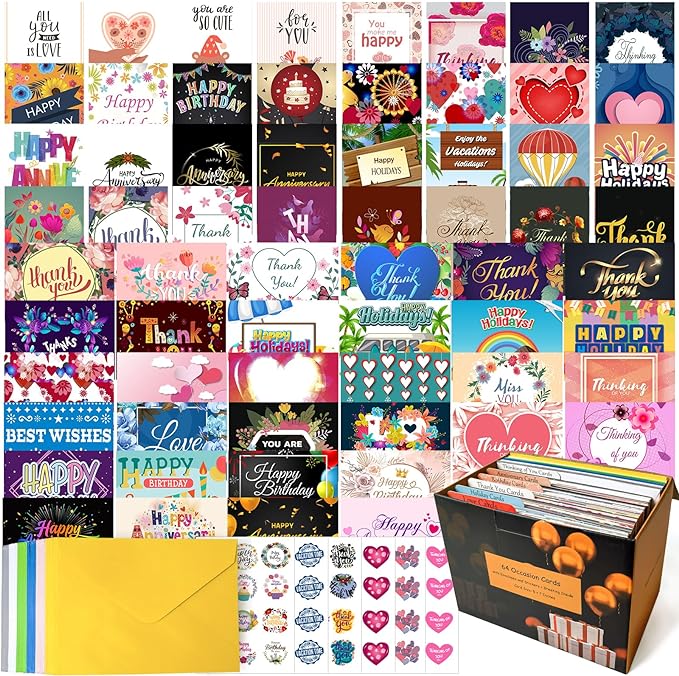 64 Pack All Occasion Cards Assortment Box with Envelopes & Stickers, 4×6 Inch Assorted Blank Greeting Cards for Birthday, Holiday, Love, Anniversary, Thinking of You, Thank You Cards