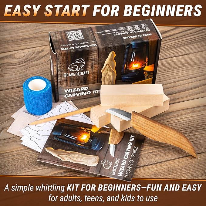 BeaverCraft Whittling Kit for Beginners, Wood Carving Kit for Beginners - Wood Carving Tools Woodworking Kit for Adults and Teens - Whittling Knife Kit with Wood Blocks - Wood Carving Set DIY03 Wizard