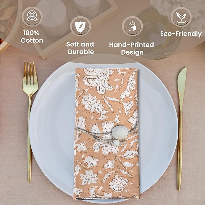 CPC Cloth Napkins 100% Cotton Set of 4 Reusable Napkins, Indian Block Print Toile Floral Dinner Napkin, Fall Thanksgiving Christmas Holiday Party Gift - Soft Absorbent Napkin, 18"x18" Light Peach